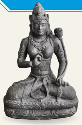 Product image of the product “Seated Dewi Tara, 72cm Height | Cast Stone, Hollow, Antique Finish Antique finish light”